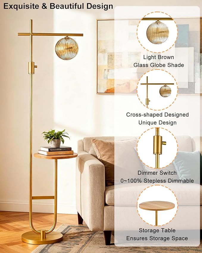 Lightdot 66IN Gold Dimmable Floor Lamps with Table, Modern Standing Tall Lamp with Brown Globe Glass Shade, Cross-Shaped Head and U-Pole Base for Living Room/Sofa Beside/Corner Decor(Bulb Included)