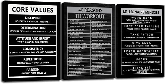 Inspirational Millionaire Mindset Poster 40 Reasons to Workout Motivational Wall Art 3 Pieces Canvas Prints Artwork for Living Room Modern Home Decor Painting Pictures Framed[60" W X 28" H]