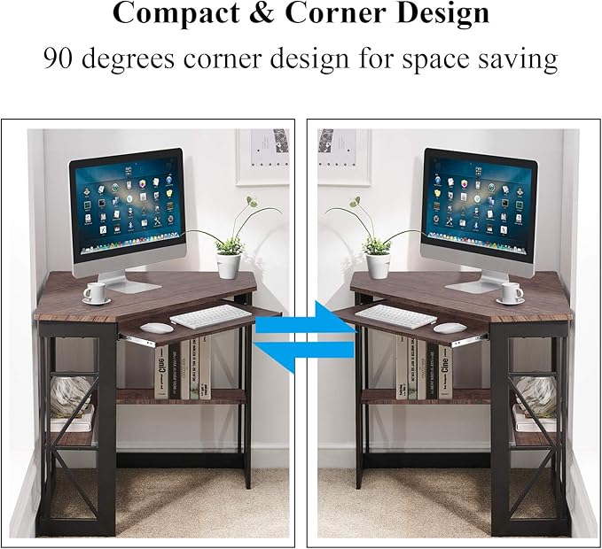 VECELO Corner Computer Desk 41 x 30 inches with Smooth Keyboard & Storage Shelves for Home Office Workstation,Rustic Brown