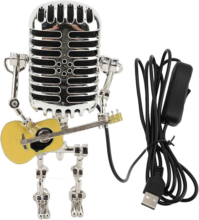 ZJchao Vintage Microphone Guitar Robot Table Lamp Aluminum Retro Metal Robot Night Light for Bedroom Desk Home Decor (Yellow)