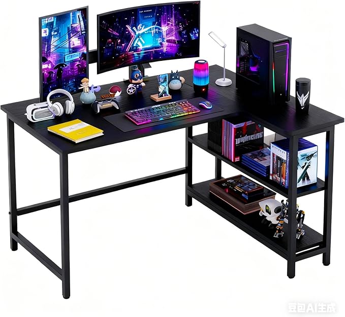 43Inch Corner Computer Desk, Gaming Desk with Reversible Storage Shelves Left/Right,Small L Shaped Desk with 2-Tier Shelves & Adjustable Feet Pad for Home Office Gaming (43 Inch)
