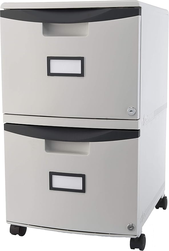 Storex Plastic Two-Drawer File Cabinet – Locking Document Organizer with Casters for Home and Office, Gray, 1-Pack (61311C01C)