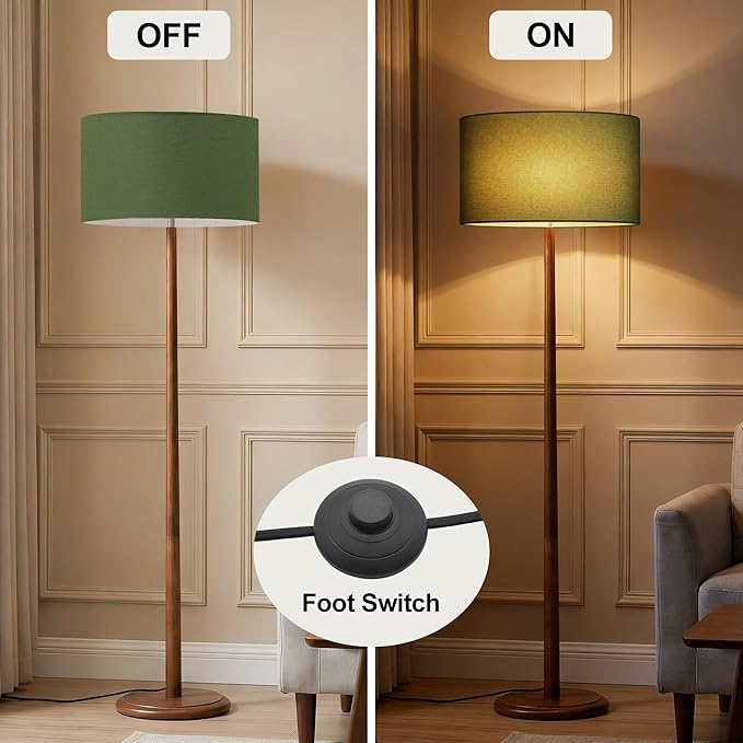 61" Rustic Walnut Wood Floor Lamp for Living Room, Retro Farmhouse Tall Lamp for Bedroom, Mid Century Standing Lamp with Linen Shade for Home Corner, Office, Dining Room, Bulb not Included, Green