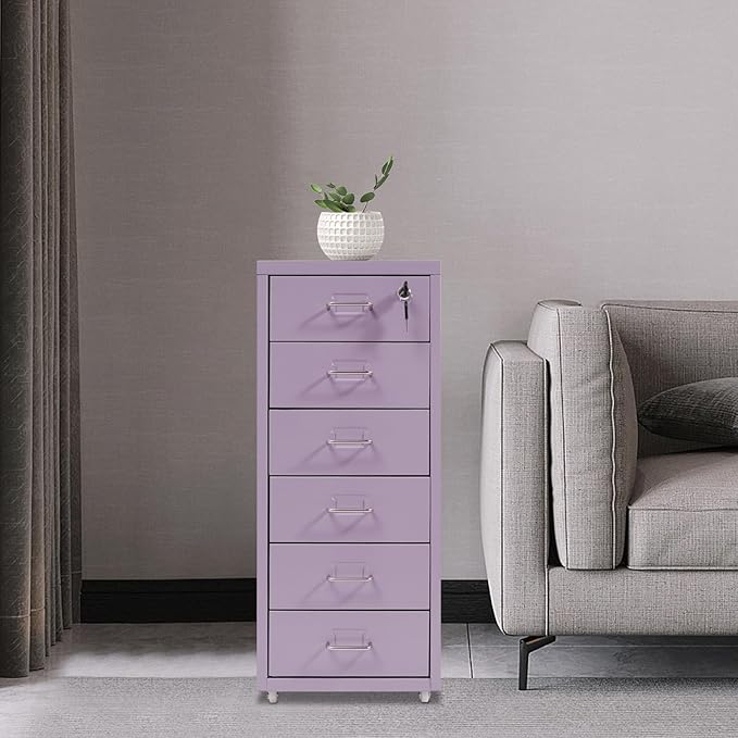 Vertical File Cabinets, 6 Tier Metal File Cabinet with Lock, Multi Drawer Cabinet for Home Office, Assembly Required (Purple)