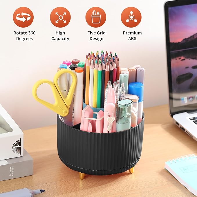 Desk Pencil Pen Holder, 5 Slots 360°Degree Rotating Pen Organizers for Desk, Desktop Storage Stationery Supplies Organizer, Cute Pencil Cup Pot for Office, School, Home, Art Supply, Black