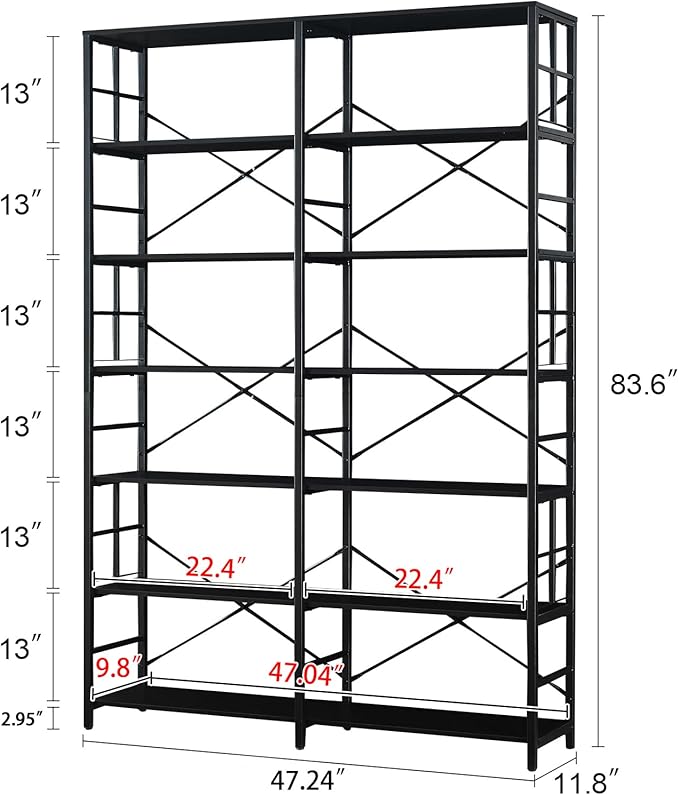 HOMISSUE Bookshelf, Industrial Double Wide 7-Tier Bookshelves, 84" Tall Bookcase with Open Shelves, Heavy Duty Bookcases with Storage for Living Room Home Office, Black