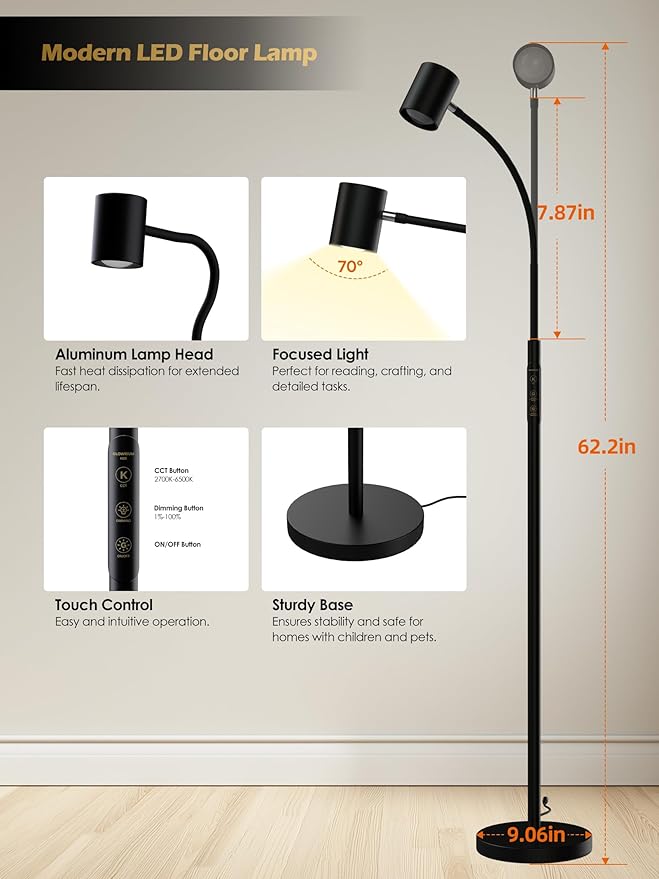 Reading Floor Lamp, 62" Tall LED Floor Lamp, Dimmable Standing Lamp, 7 Brightness & 4 Color Temperature, Adjustable Gooseneck, Touch Control, Task Craft Light for Living Room Bedroom Office,Black