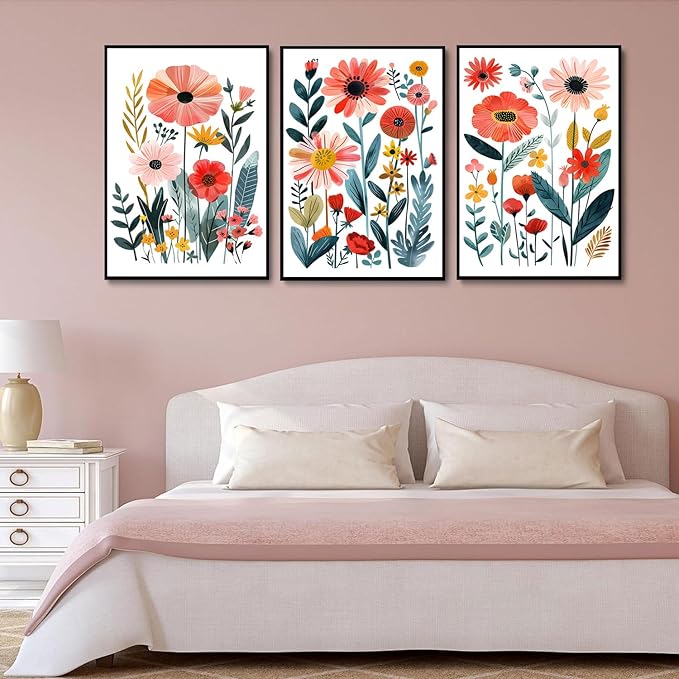 KISSFOX Framed Colorful Wildflower Canvas Wall Art Set Of 3 Flowers Pictures Prints Flowers Printing Floral Watercolors Flower wall Decor Living Room Girls Bedroom Bathroom