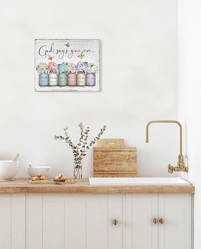 Inspirational Bible Verse Wall Art: God Says You Are Wall Sayings Flowers in Mason Jar Picture Print Christian Gift Quotes Poster for Women Girl Bedroom Decor 12" x 15"