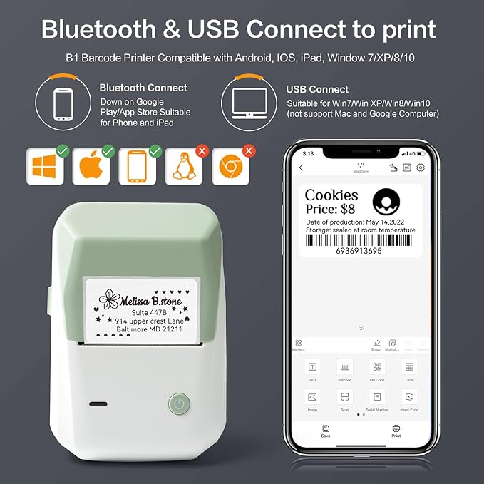 LMASBLTER B1 Label Maker, 2 Inch Barcode Printer, Portable Sticker Maker Machine for Barcode, Name, Address, Labeling, Mailing, Home, Office & Small Business, Compatible with Phones&PC-Green