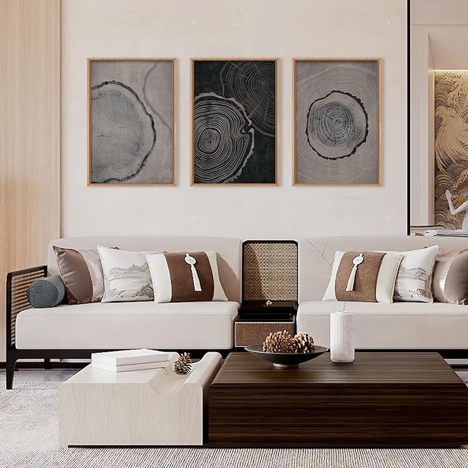 Ausril Tree Ring Framed Canvas Wall Art Set of 3, Modern Beige Wood Stump Wall Decor, Black and Gray Tree Spiral Wall Painting, Neutral Nature Art Print for Living Room, Bedroom, Office - 36"x24"
