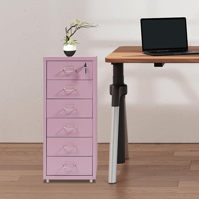 6-Drawer Metal File Cabinet, Metal Filing Storage Vertical Cabinets with Lock Home Office Filing Cabinets for Organization Hanging Letter/Legal/F4/A4 (Cream Purple)