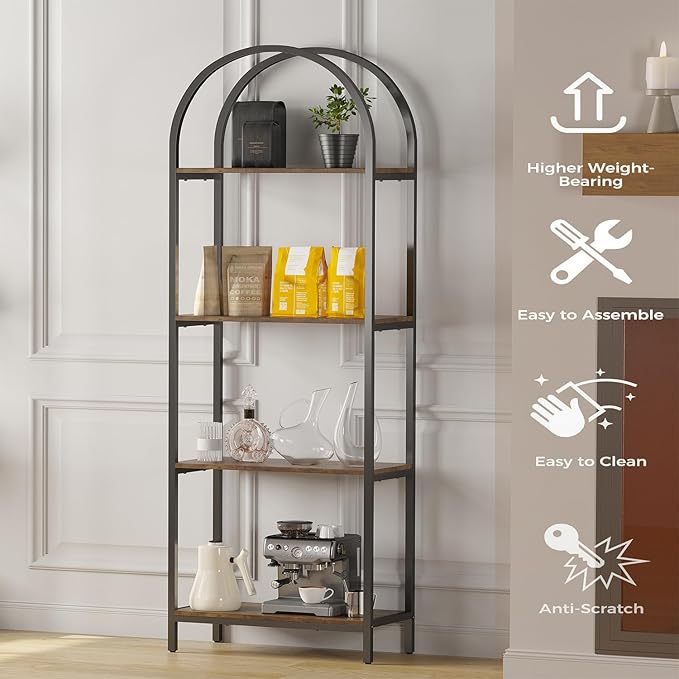 Bookshelf Arched Bookcase, Industrial 4-Tier Open Book Shelves with Metal Frame, 72" Tall Freestanding Storage Display Rack for Home Office, Living Room (Rustic Brown, 4 Tier Arched)
