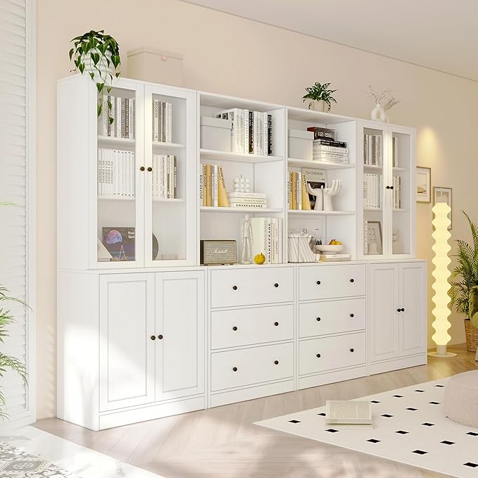 TUSY 71" H Bookshelf with Storage, 6-Tier Modern Bookshelves with 3 Large Drawer, Display Bookcase with Glass Doors, Modern 5-Tier Curio Cabinet for Home Office, Dining Room (White, ABBA)
