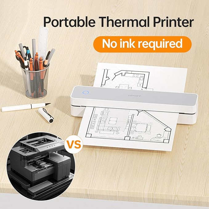 HPRT Portable Printer Wireless for Travel, Bluethooth Inkless Thermal Printer Support for 8.5"x11" US Letter, Compatible with iOS, Android, Laptop for Office and Home, White-Grey