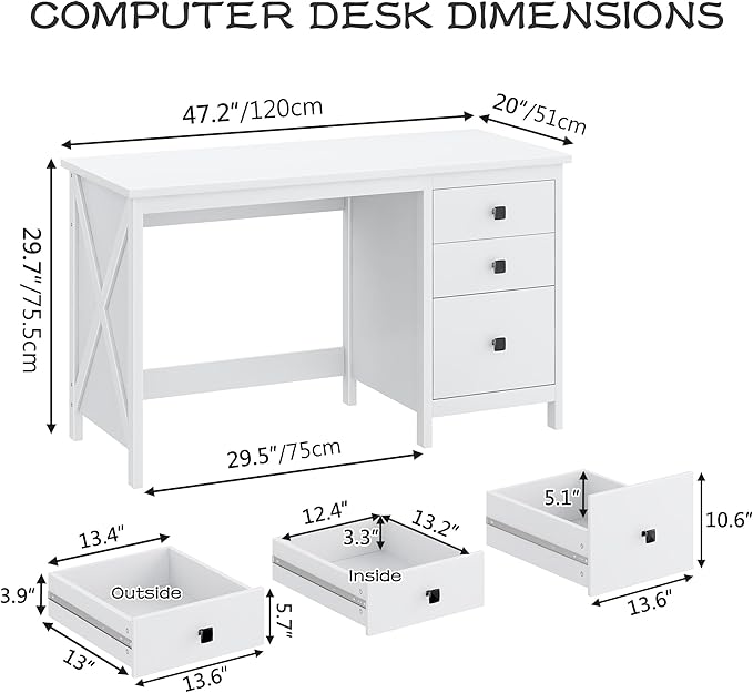 JSB 47.2'' White Computer Desk for Home Office,Farmhouse Executive Desk with 3 File Drawers,Study Writing Table Storage Cabinet,Makeup Vanity Desk for Bedroom (White, 47.2in)