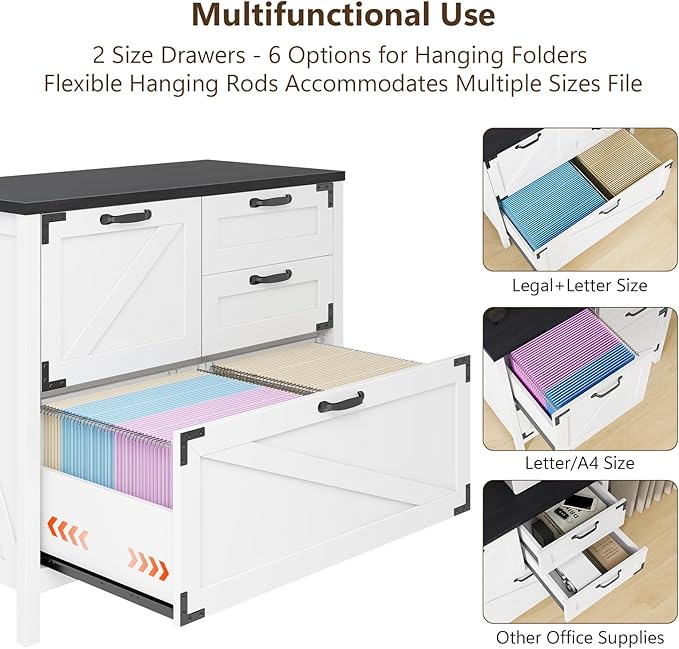 Lateral File Cabinet with 4 Drawers Farmhouse File Cabinet for Letter/Legal/A4 Size Hanging Files, Large Wood File Storage Cabinets Printer Stand for Home Office Cabinet, White and Black