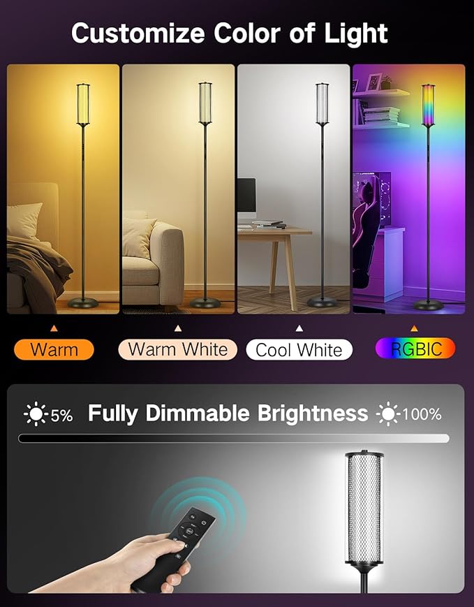 OUTON Corner Floor Lamp with Remote, Touch & App Control, RGB Color Changing Standing Lamp with 32 Modes, 360 Lighting, 3 Color Temperatures, Dimmable 66 in Tall Lamp for Living Room,Black & Glass