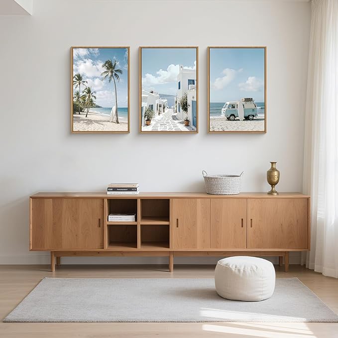 Large Summer Coastal Framed Canvas Wall Art Set,Modern Beach Surfboard Wall Decor,Seaside Palm Tree Art Prints,Vintage Blue Van Artwork for Living Room,Bedroom,Office -24"x36"x3