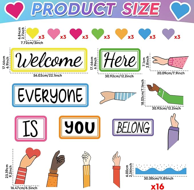 51PCS Everyone is Welcome Bulletin Board You Belong Here Classroom Bulletin Board Decorations Motivational Heart Hand Paper Cutouts for School Classroom Office Home Chalkboard Decor Wall Door Supplies
