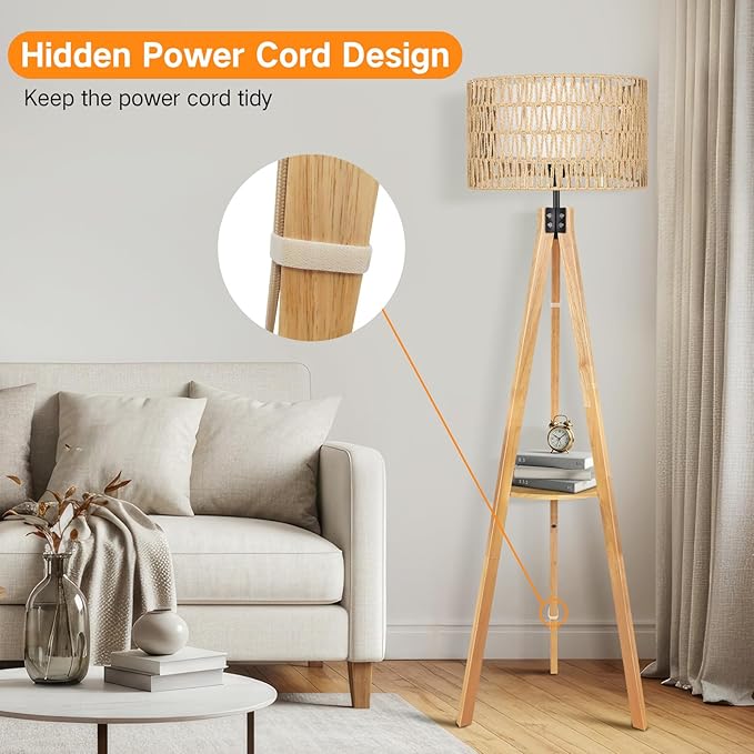 OUTON Boho Rattan Tripod Floor Lamp with Shelves, Remote Control, Dimmable Mid Century Modern Standing Lamp 58.5" for Bedroom, Living Room & Office, Lamp Shade Includes E26 9W Bulb, Wood
