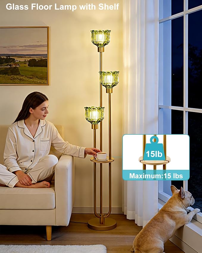 Lightdot Glass Floor Lamp for Living Room 3-Lights Modern Dimmable Gold Floor Lamp with Green Glass Shade & 3000K Bulbs Included Unique Tall Standing Lamp for Bedroom/Sofa Beside/Corner Decor
