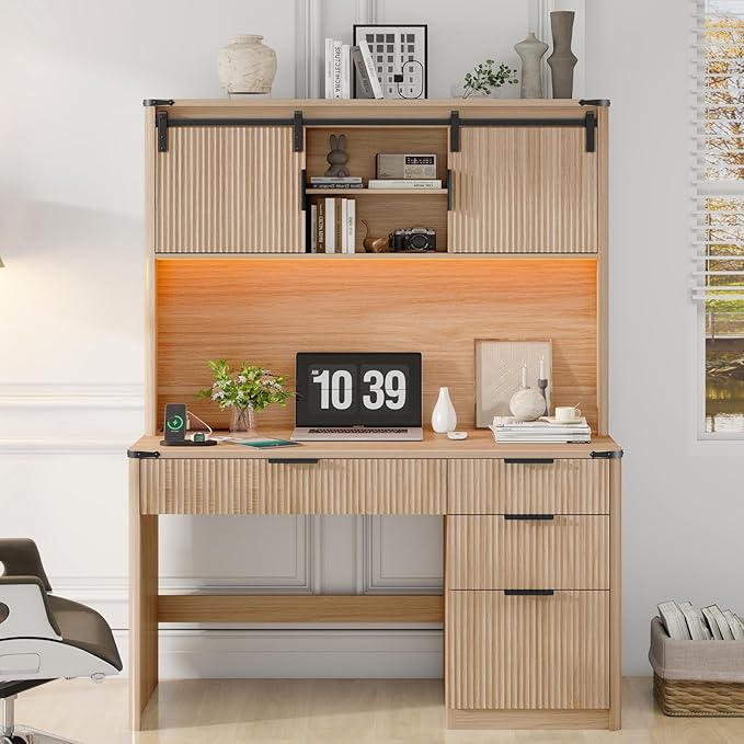 Vabches 67" H Executive Desk with Fluted Drawers,4 Drawers Fluted Computer Desk with LED Light,Charging Hub,Wood Workstation with Hutch and Sliding Barn Doors for Work and Study