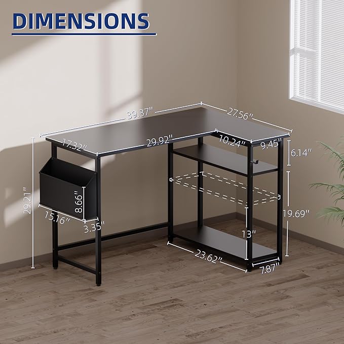 Pamray 40 Inch L Shaped Computer Desk with Reversible Side Storage Shelves, Small Corner Desk for Small Space Home Office, Writing Study Table PC Desk for Bedroom, White