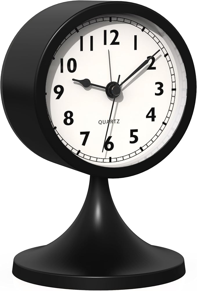 AYRELY® 3" Cute Analog Alarm Clock,Small Retro Table Clock Battery Operated,Slient Metal Desk Clock with Light for Living Room Decor,Bedroom,Bedside,Shelf (Black)