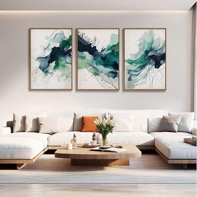 myusuar 3 Piece Large Abstract Framed Wall Art For Living Room, Smoke Texture Ink Emerald Green Canvas Wall Art Modern Minimalist Art Prints Wall Décor For Bedroom Office 24x36in