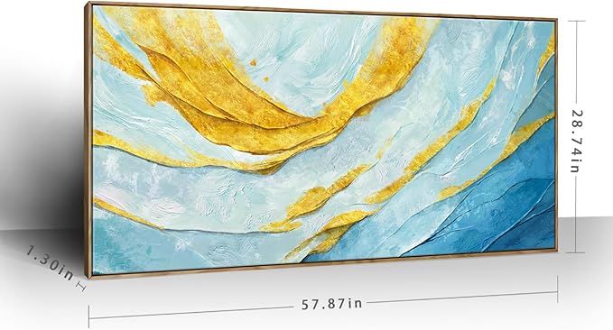 Nicetop Extra Large Framed Abstract Canvas Wall Art – Blue Gold Modern Oversized Picture Flowing Lines Art Print – Horizontal Wall Decor with Wood Frame for Living Room Bedroom Home Office 58x29Inch