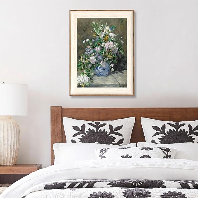 ASTRDECOR Framed Canvas Prints Art Vintage Decor for Living Room, Wildflowers Prints Botanical Wall Art Home Decor, Aesthetic Classical Floral Paintings, Bouquet in Blue White Porcelain Vase 12"x16"