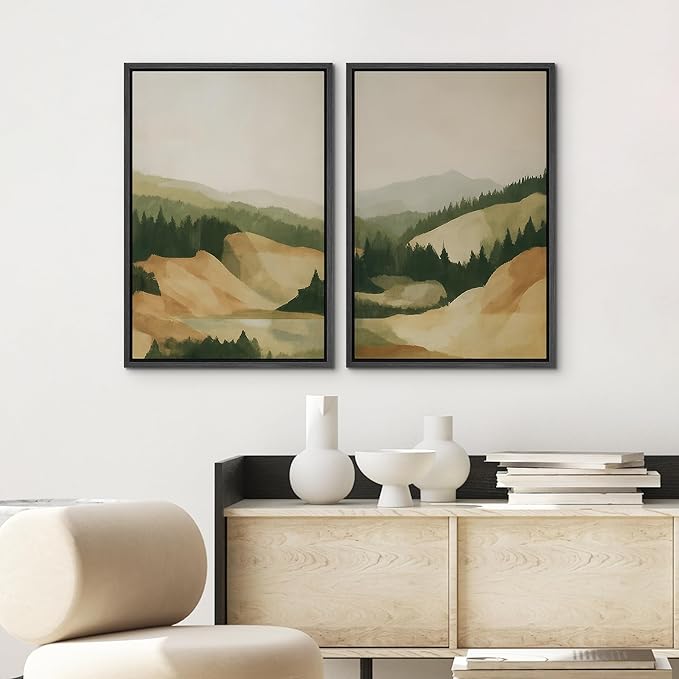 SIGNWIN Framed Canvas Print Wall Art Set Green and Beige Forest Hills Nature Mountain Landscape Illustrations Modern Art Decorative Multicolor for Living Room, Bedroom, Office - 24"x36"x2 Black