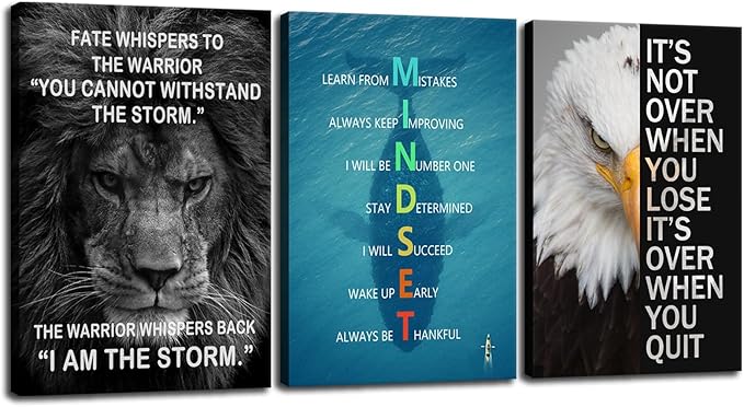 Inspirational Wall Art Office Quotes Mindset Theme Wall Decor for Eagle Lion Animal 3 Pieces Motivational Canvas Prints Framed Wall Art for Living Room Gym Inspiring Home Decor Framed[48''Wx 24''H]