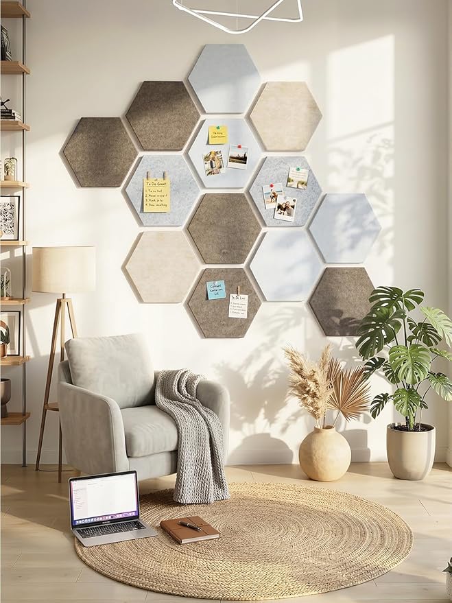 8 Pack Hexagon Felt Bulletin Board Tiles - 11.8" Large Thick Pin Board for Walls with 30 Push Pins, DIY Boards for Office Home School Decor, Aesthetic Hex Cork Board Alternative