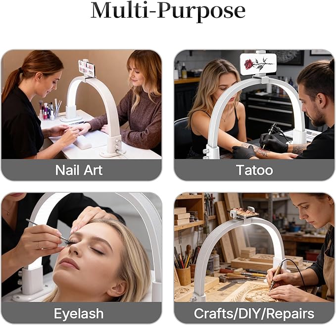 BLUVALL Half Moon Nail Lamp for Desk Portable Nail Desk Lamp with Phone Holder, Stepless Adjustment of Brightness and Color Temperature Desk Lamp for Nail Tech, Eyelash, Tattoo, Makeup (White)