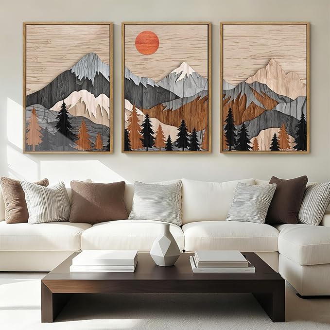 ANHUIB Mountain Wall Art 16x24 Inch Large Forest Wall Decor Woodcut Pine Tree Illustration Nature Wilderness Art Print Abstract Landscape Painting Set of 3 for Living Room Bedroom Office