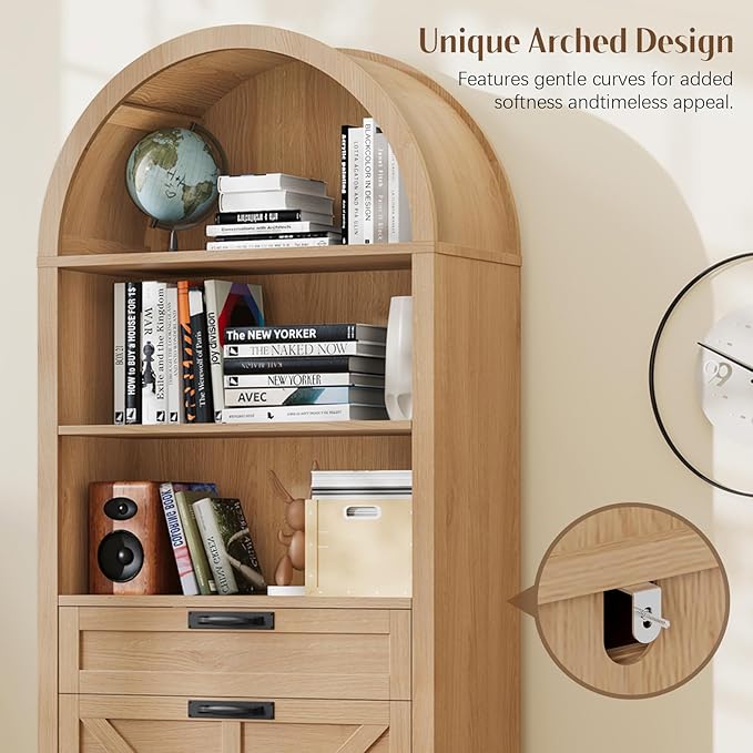 Arched Farmhouse File Cabinet with 2 Drawers for Legal, Letter, and A4 Size Hanging Files, Large Wooden File Cabinet for Home Office with Printer Stand and Bookshelf, Natrual