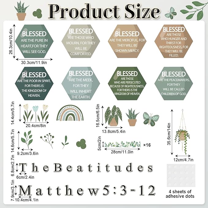 Christian Bulletin Board Decoration The Beatitudes Matthew 5:3-12 Classroom Decoration Motivational Bible Verse Paper Cutouts for Back to School Sunday School Church Parish Decor（Greenery）