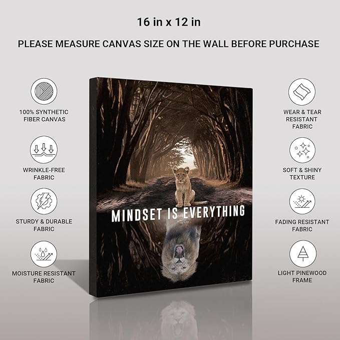 Inspirational Wall Art Framed Canvas 12 x 16 in MINDSET IS EVERYTHING (Lion) - Motivational Entrepreneur Positive Quotes Wall Arts Decor for Home Office Bathroom Bedroom Kitchen Classroom Gym