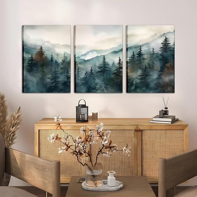 AKWISH Framed Green Forest Canvas Wall Art Set of 3, Boho Misty Watercolor Pine Tree Wall Decor Art, Nature Scenery Foggy Mountain Posters Prints for Living Room, Bedroom, Office 16x24 In