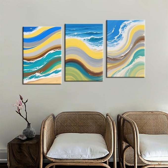 Ocean Graffiti Canvas Wall Art Abstract Waves Poster Print Colorful Sandy Beaches Picture Painting for Office Home Office Parlour Living Room Decoration Stretched and Framed [48''Wx24''H]