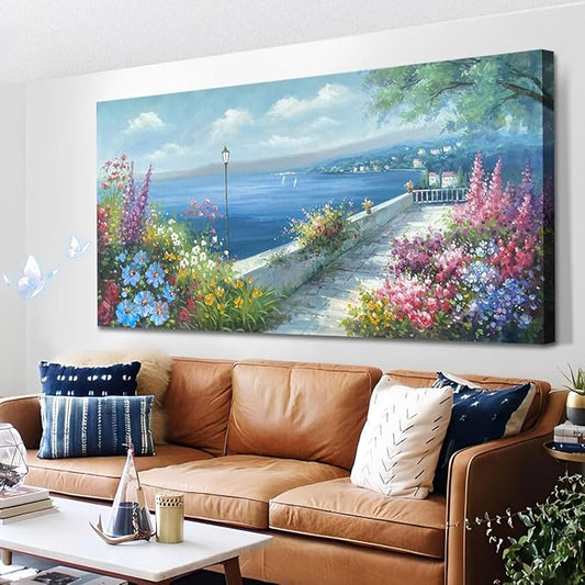 Arjun Blue Landscape Canvas Wall Art for Living Room Ocean Coastal Mediterranean Painting Bedroom, Extra Large Hand Painted Picture Garden Flower Artwork Framed Home Office Wall Decor 58"x29"