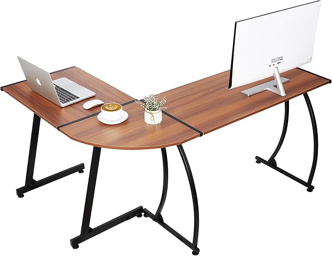 SUPER DEAL L-Shaped Corner Desk Computer Gaming Desk - 58 Inch Modern Home PC Table Office Writing Workstation, Bright Walnut
