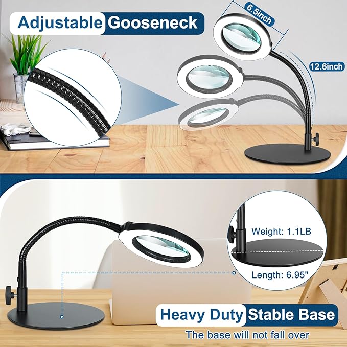10X Magnifying Glass with Light, Real Glass Lens, 5 Color Modes Dimmable, Flexible Gooseneck Lighted Magnifier with Stand, LED Desk Lamp Hands Free for Crafts Painting Sewing Reading Close Work