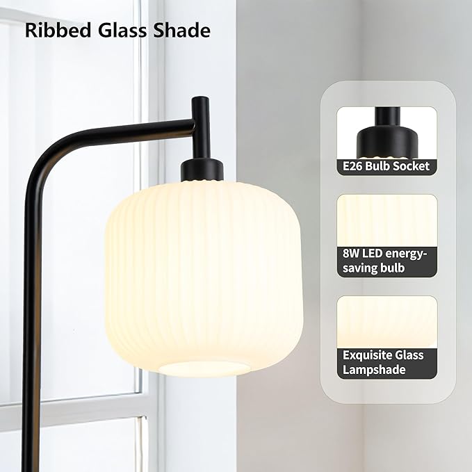 MAYNA Modern Industrial Floor Lamp, Frosted White Glass Standing Lamp with Built-in Timer Switch, Black Tall Minimalist Lamps for Living Room Bedroom, 2700K LED Bulb Included