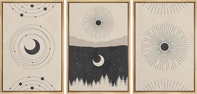 IDEA4WALL Framed Canvas Print Wall Art Set Crescent Moon Shining Sun Forest Galaxy Astronomy & Space Nature Illustrations Modern Art Rustic for Living Room, Bedroom, Office - 16"x24"x3 Natural