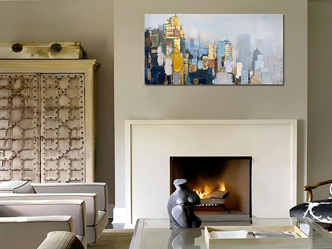 Arjun Neutral Wall Art Painting Abstract Art Wall Decor Canvas, Large Textured Skyline for Living Room Gold Painting Modern Wall Art for Men Bedroom Cityscape Artwork Home Office Wall Decor, 48"x24"