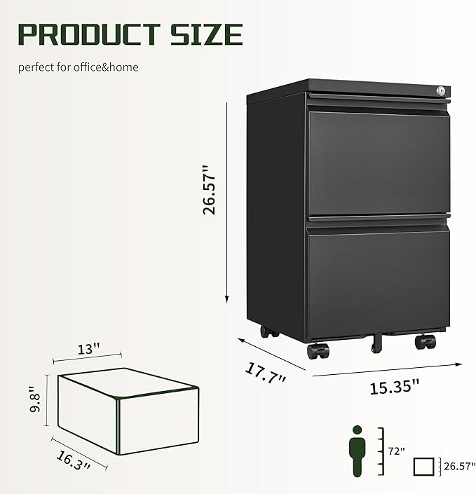2 Drawer File Cabinet with Lock,Rolling Filing Cabinet with Wheels for Home Office,Under Desk Metal File Cabinet,Office Storage Organizer,Black