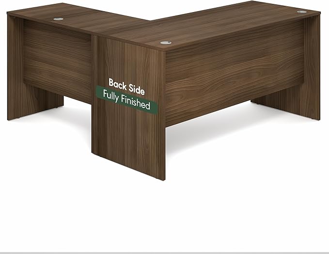 Furinno Roger 60 Inch L-Shaped Office Desk, Executive Desk with Reversible Desk Return, Modesty Panel, Desk Cord Grommet, Scratchproof, for Home Office, Modern Walnut